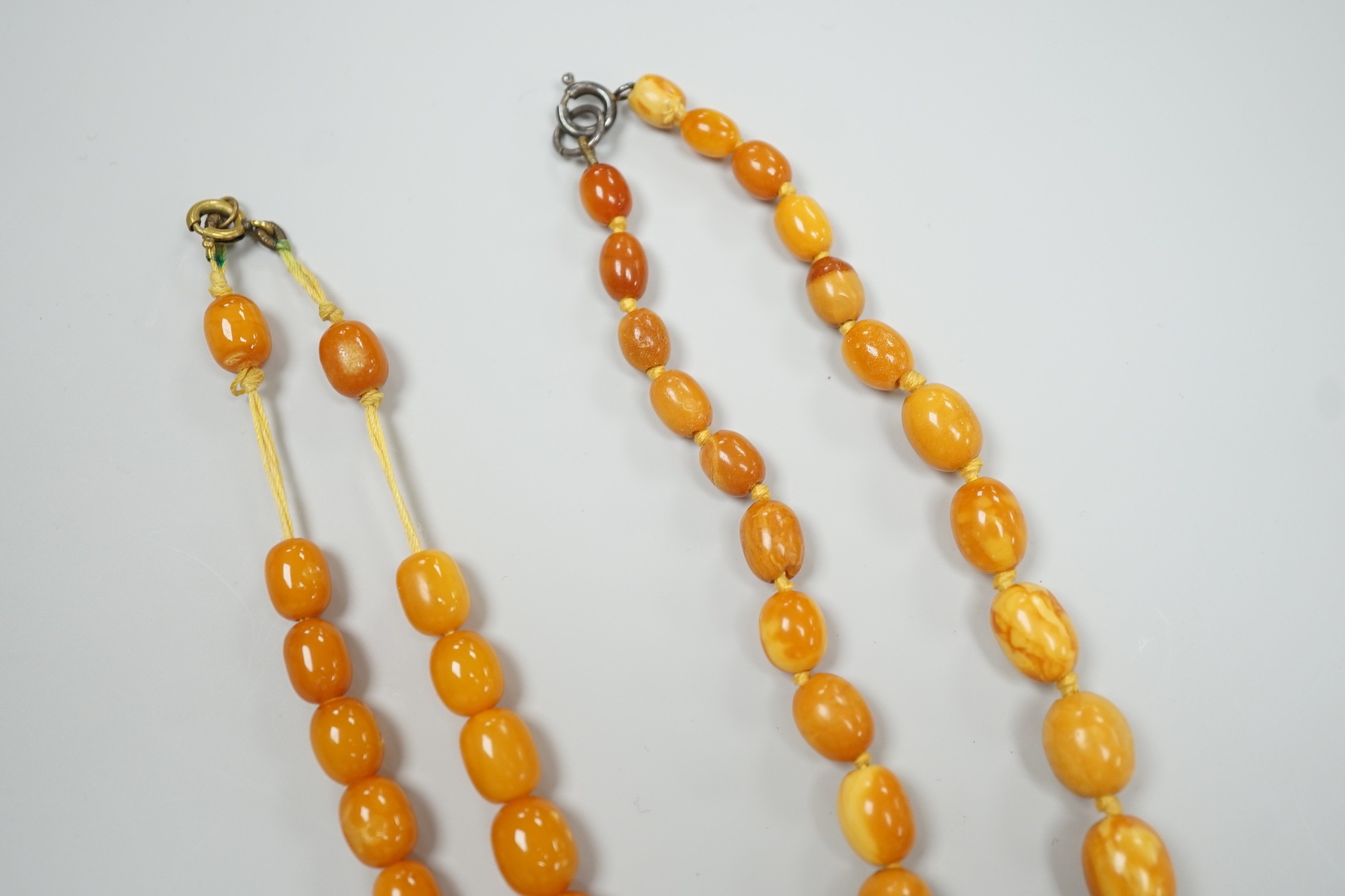 Two single strand graduated oval amber bead necklaces, one a.f., longest 43cm, gross weight 38 grams.